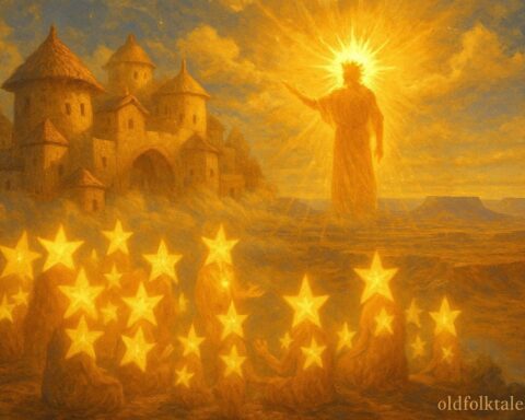 Sun Chief and star people in a glowing sky village above the Earth