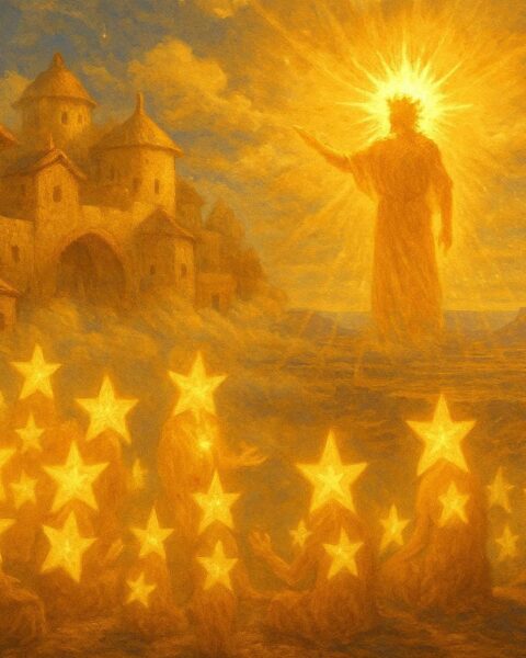 Sun Chief and star people in a glowing sky village above the Earth