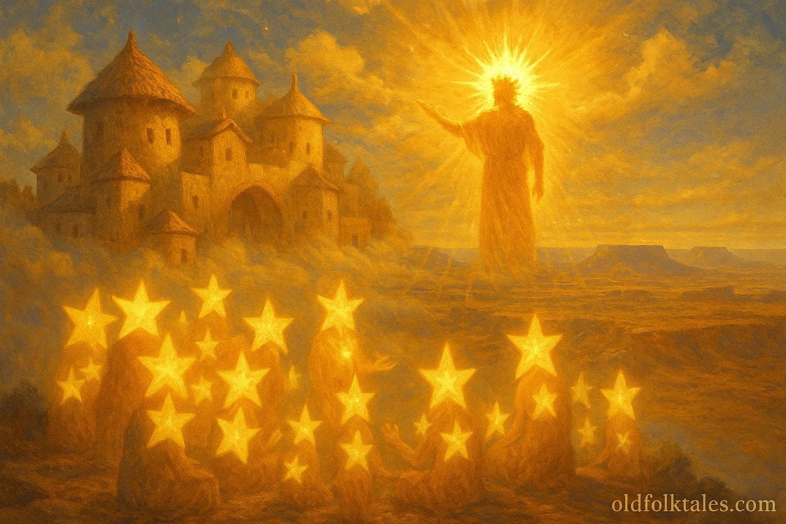 Sun Chief and star people in a glowing sky village above the Earth