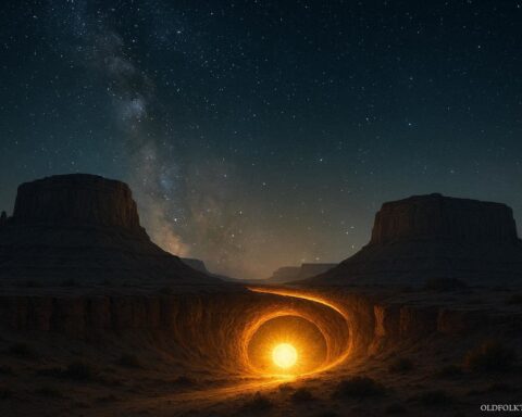 Sun traveling through an underground world before sunrise
