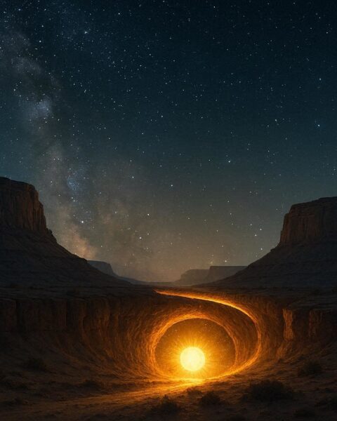 Sun traveling through an underground world before sunrise