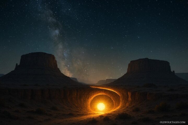 Sun traveling through an underground world before sunrise