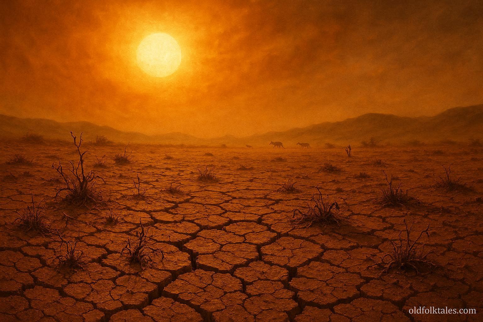 Scorched land under a harsh sun representing drought and imbalance