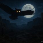 Giant owl monster flying over a desert canyon at night
