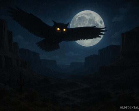 Giant owl monster flying over a desert canyon at night