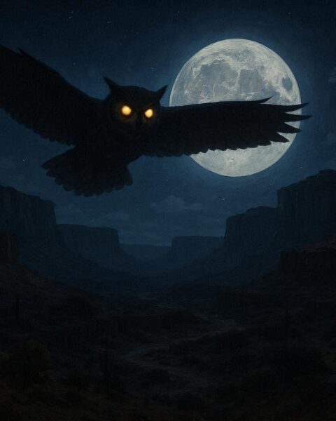 Giant owl monster flying over a desert canyon at night