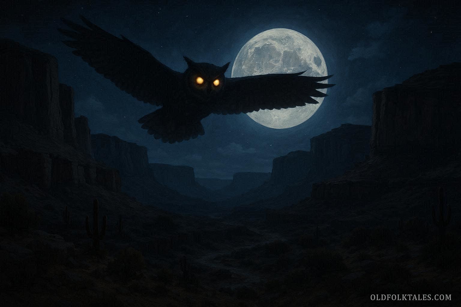 Giant owl monster flying over a desert canyon at night