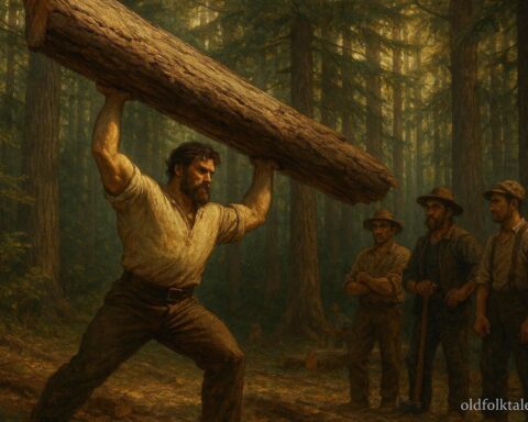 A powerful worker lifting a large tree in a forest while others watch