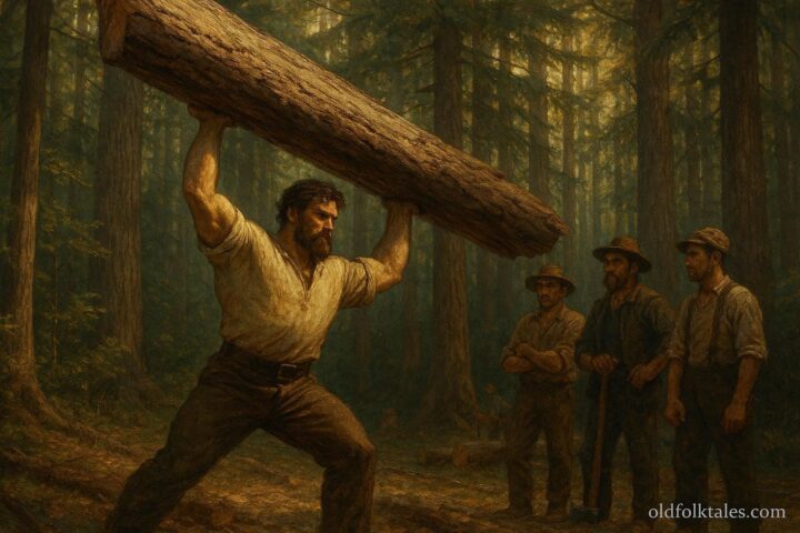 A powerful worker lifting a large tree in a forest while others watch