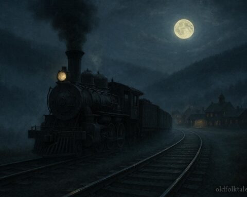 Steam train blowing a whistle at midnight near a quiet railroad town representing an American railroad superstition