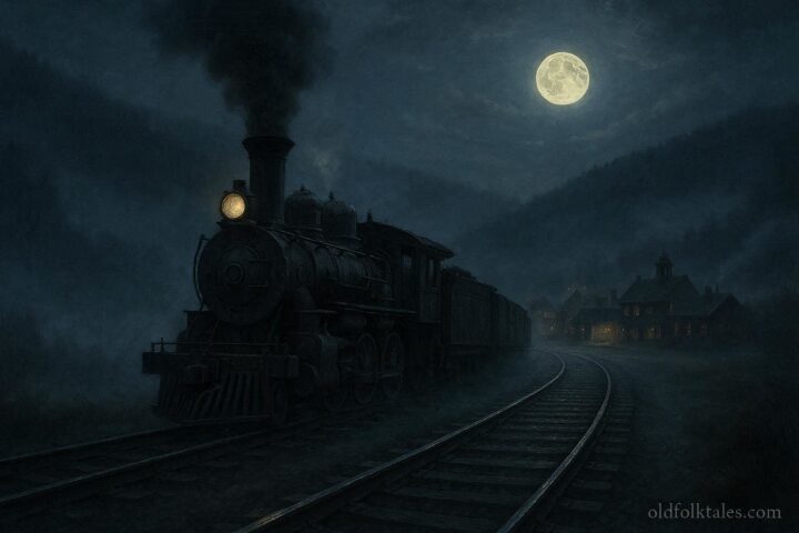 Steam train blowing a whistle at midnight near a quiet railroad town representing an American railroad superstition