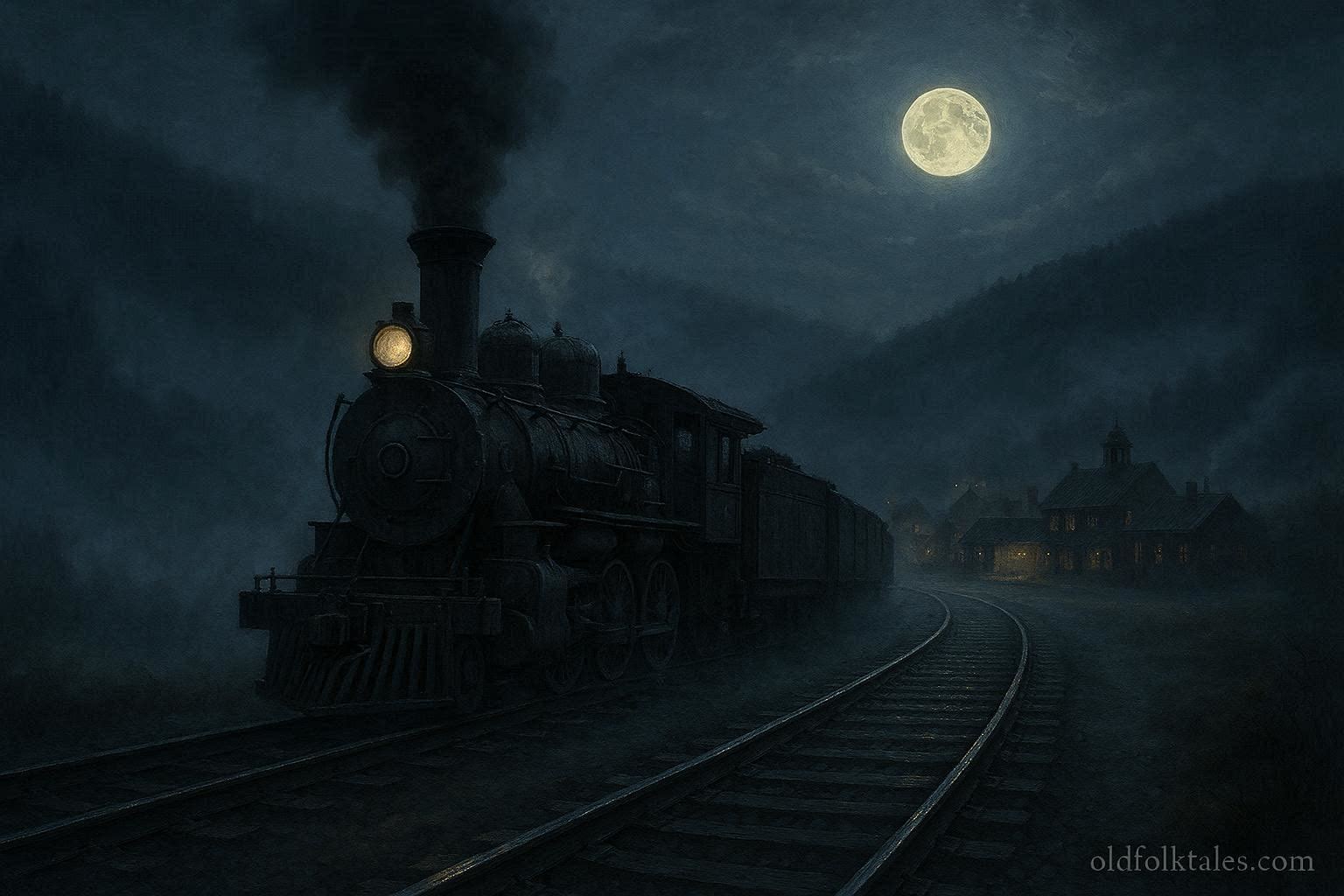Steam train blowing a whistle at midnight near a quiet railroad town representing an American railroad superstition
