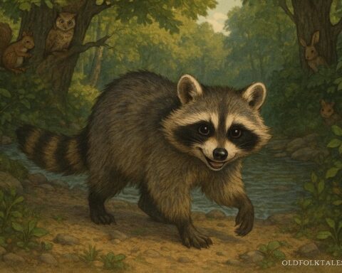 Azeban the raccoon trickster standing near a river with forest animals watching, representing Abenaki folklore