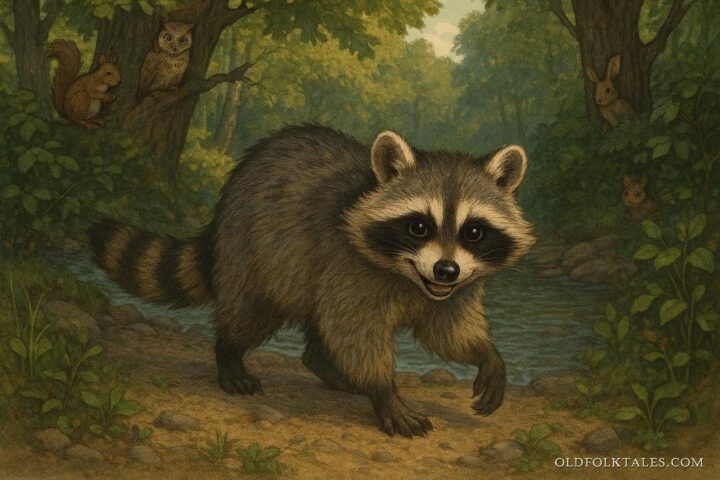 Azeban the raccoon trickster standing near a river with forest animals watching, representing Abenaki folklore
