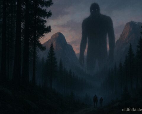 A giant humanoid creature standing in the forest of the Trinity Alps representing the Trinity Alps Giant cryptid legend.