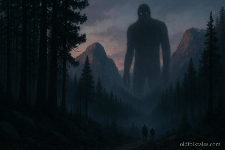A giant humanoid creature standing in the forest of the Trinity Alps representing the Trinity Alps Giant cryptid legend.
