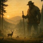 Giant mountain hunter watching over animals in a forest clearing