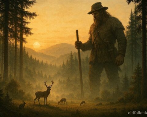 Giant mountain hunter watching over animals in a forest clearing