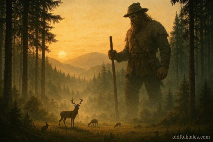 Giant mountain hunter watching over animals in a forest clearing