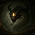 Horned serpent with glowing crystal in its forehead inside a mountain cave