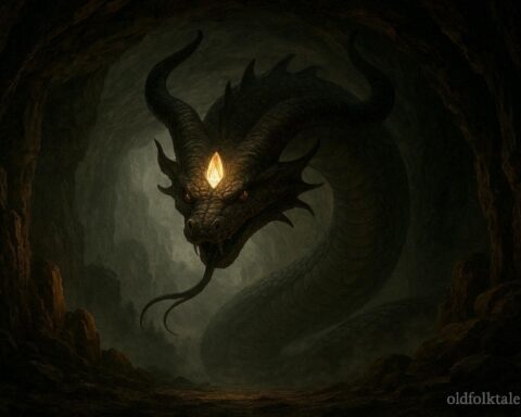 Horned serpent with glowing crystal in its forehead inside a mountain cave