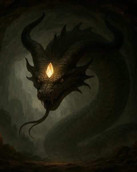 Horned serpent with glowing crystal in its forehead inside a mountain cave