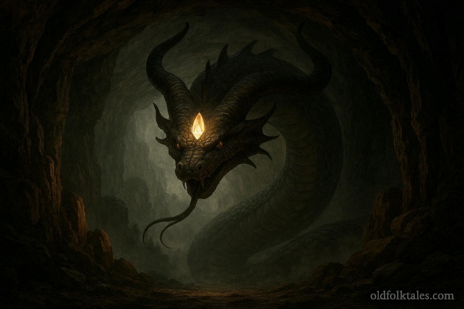 Horned serpent with glowing crystal in its forehead inside a mountain cave