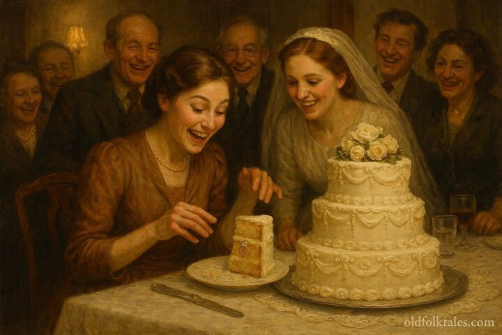 Guest discovering a hidden ring inside a wedding cake slice representing an American wedding superstition
