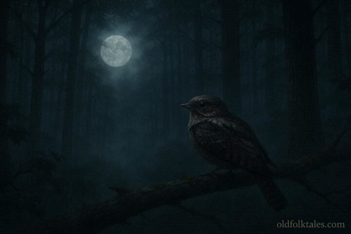 Whippoorwill perched in an Appalachian forest at night representing an American death omen superstition