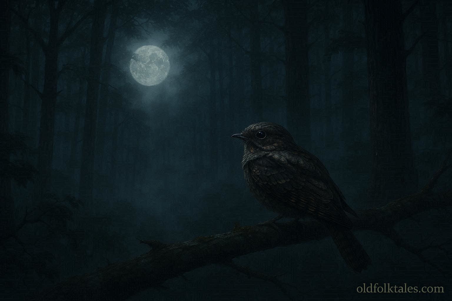 Whippoorwill perched in an Appalachian forest at night representing an American death omen superstition