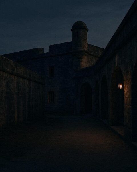 An old stone fort with empty corridors and dim evening light