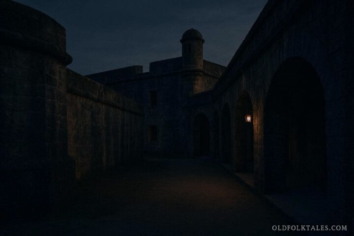 An old stone fort with empty corridors and dim evening light