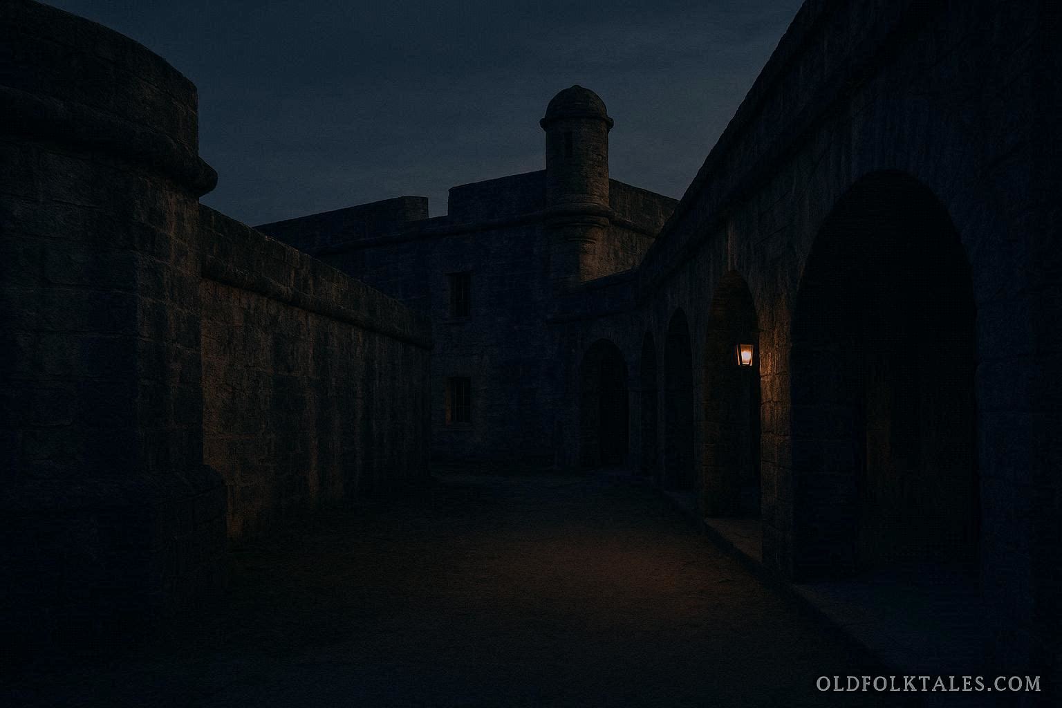 An old stone fort with empty corridors and dim evening light