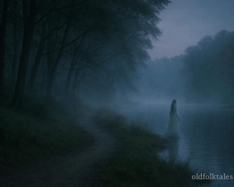 A spectral woman in white walking near the lake and wooded paths of Durand Eastman Park, representing the White Lady legend