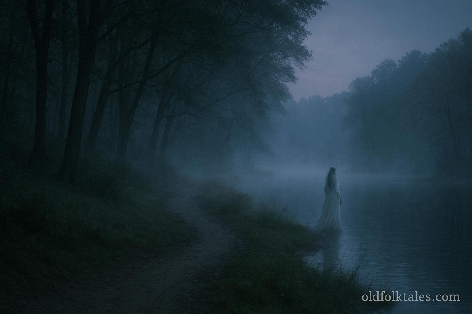 A spectral woman in white walking near the lake and wooded paths of Durand Eastman Park, representing the White Lady legend