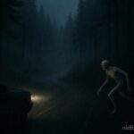 A pale mysterious creature running beside a car on a dark Appalachian mountain road representing the White Thing of West Virginia legend.