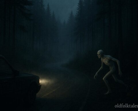 A pale mysterious creature running beside a car on a dark Appalachian mountain road representing the White Thing of West Virginia legend.