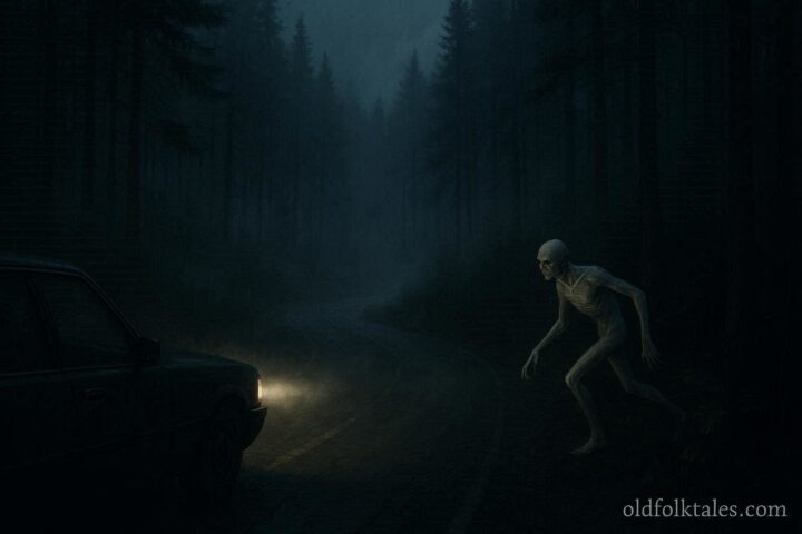 A pale mysterious creature running beside a car on a dark Appalachian mountain road representing the White Thing of West Virginia legend.