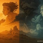 Symbolic depiction of four wind spirits from different directions controlling weather patterns across a landscape