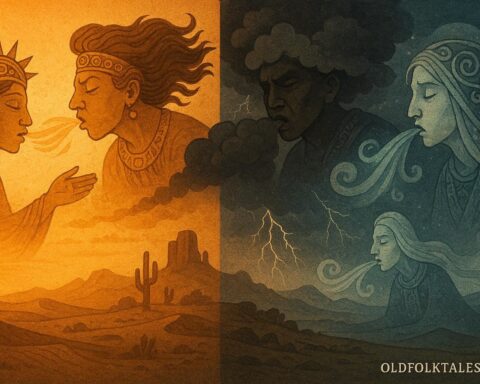 Symbolic depiction of four wind spirits from different directions controlling weather patterns across a landscape