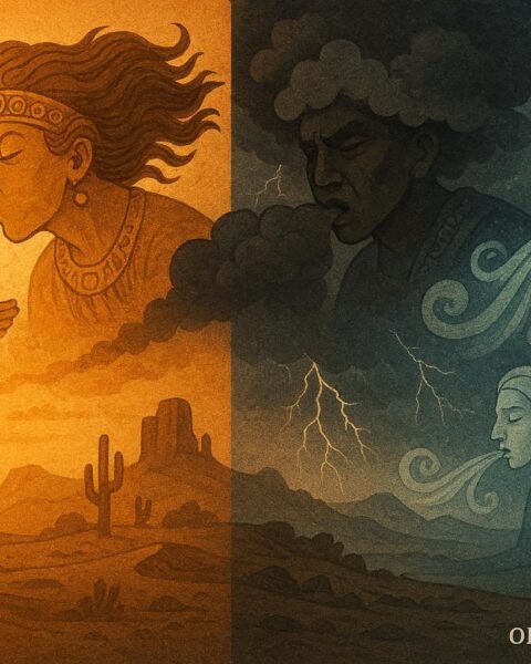 Symbolic depiction of four wind spirits from different directions controlling weather patterns across a landscape
