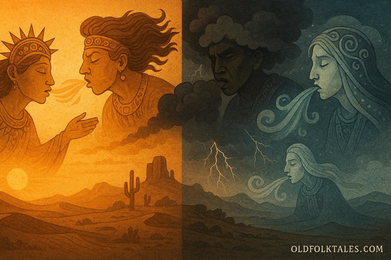 Symbolic depiction of four wind spirits from different directions controlling weather patterns across a landscape