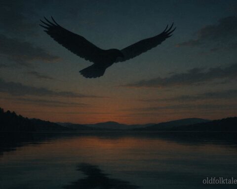 A large shadowy winged figure gliding over a calm lake at dusk