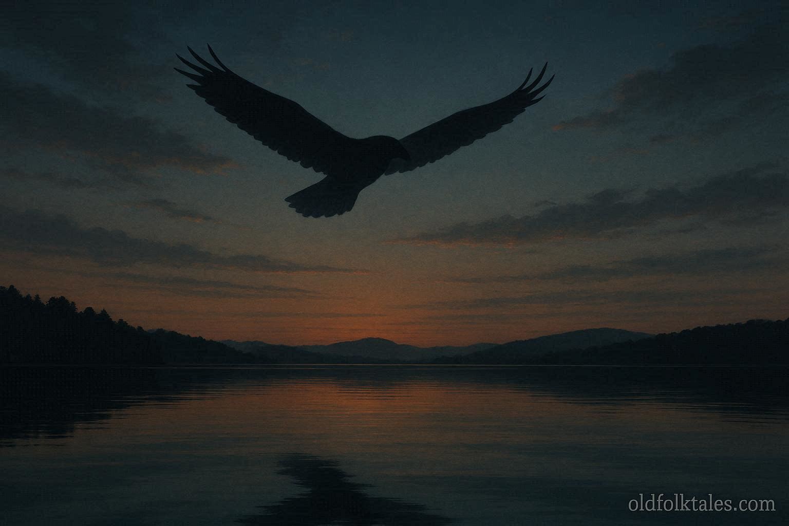 A large shadowy winged figure gliding over a calm lake at dusk