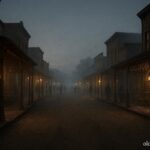 Multiple historic wooden buildings lining a dusty Tombstone street at dusk with faint shadowy figures