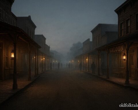Multiple historic wooden buildings lining a dusty Tombstone street at dusk with faint shadowy figures