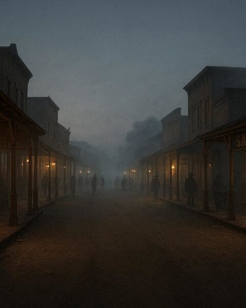 Multiple historic wooden buildings lining a dusty Tombstone street at dusk with faint shadowy figures