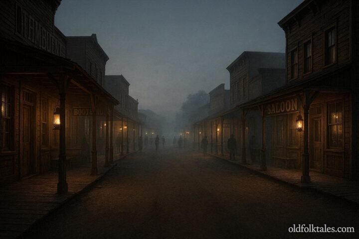 Multiple historic wooden buildings lining a dusty Tombstone street at dusk with faint shadowy figures