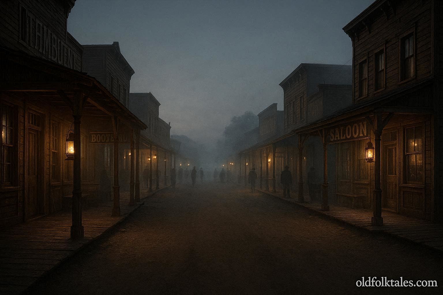 Multiple historic wooden buildings lining a dusty Tombstone street at dusk with faint shadowy figures