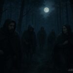 People traveling at night through a forest guided along a hidden path